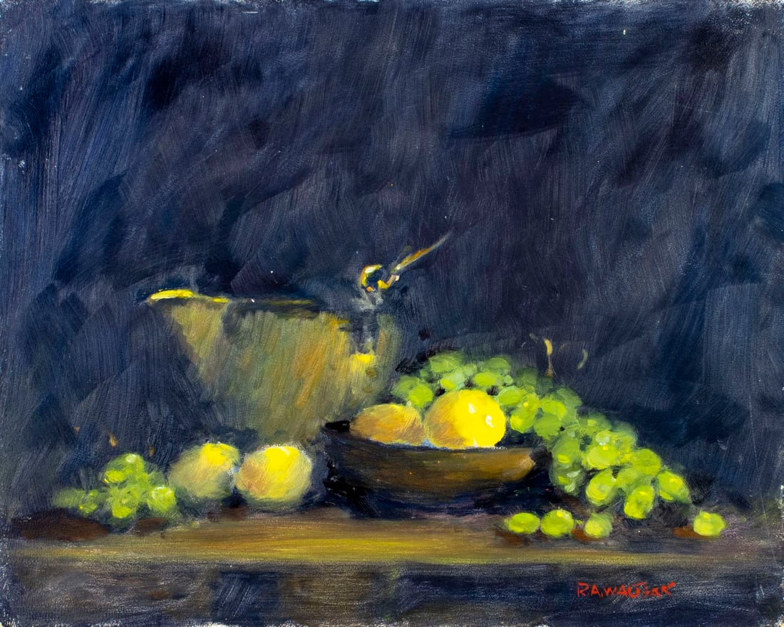 Robert Waltsak (NJ,b 1944) oil painting: ARTIST: Robert Alan Waltsak (New Jersey, born 1944) TITLE: Still Life with Fruit MEDIUM: oil on board CONDITION: Few minor scratches/paint losses. No visible inpaint under U