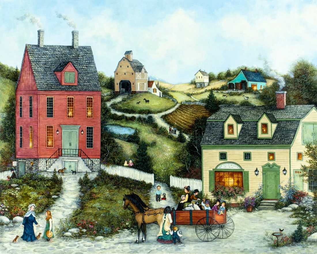 Linda Nelson Stocks (CT,1938-2011) oil painting: ARTIST: Linda Nelson Stocks (Connecticut, 1938 - 2011) TITLE: Village Landscape YEAR: 2002 MEDIUM: oil on canvas CONDITION: Overall good. No visible in