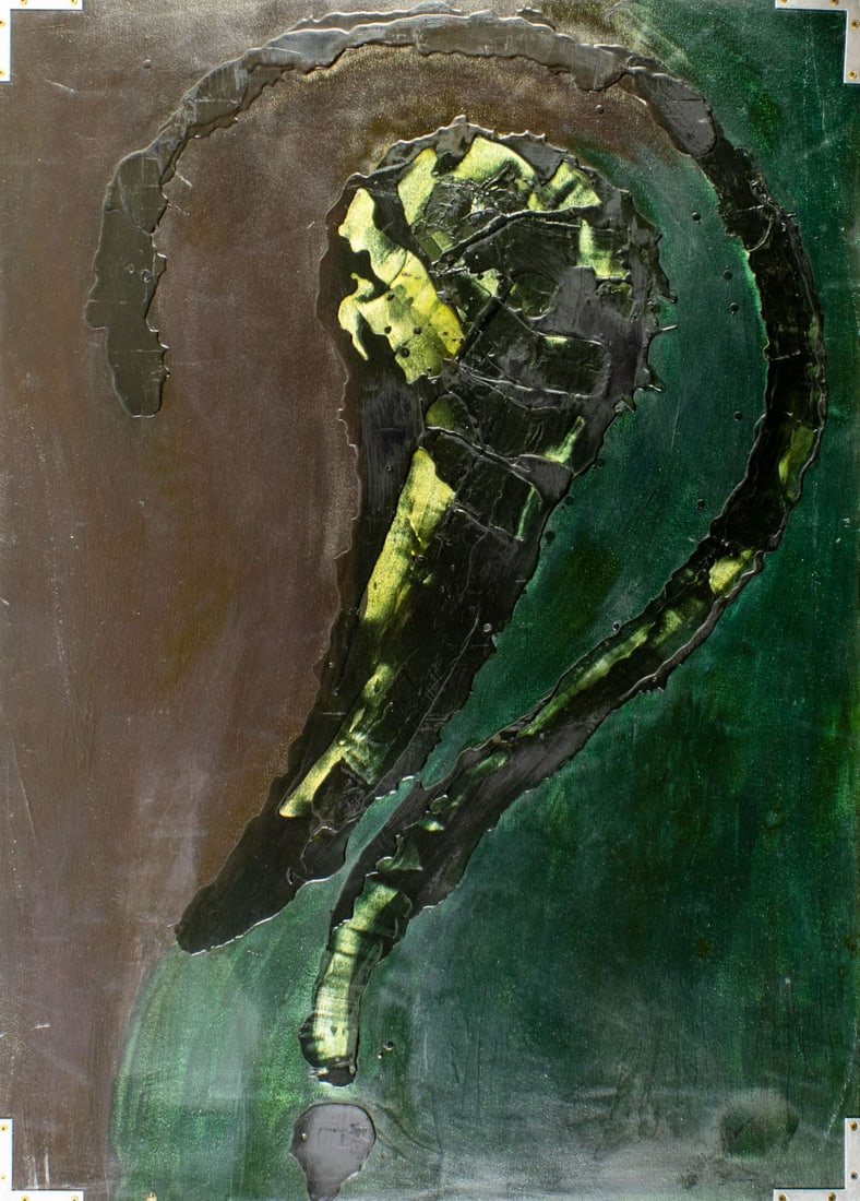 Pios Rodaman (FL,Brazil,b 1953) mixed media painting: ARTIST: Pios Rodaman (Florida, Brazilian, born 1953) TITLE: Embryo (titled on verso) YEAR: 1997 MEDIUM: mixed media on canvas. Canvas applied to board. CONDITION: