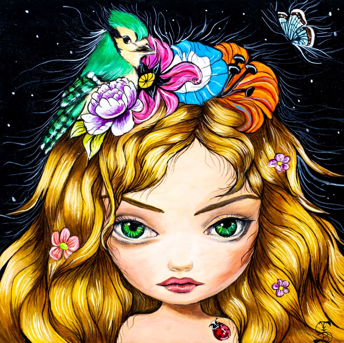 Skye Becker Yamakawa (CA,b 1974)) acrylic painting: ARTIST: Skye Becker Yamakawa (California, born 1974) TITLE: Faithful Green Bird YEAR: 2017 MEDIUM: acrylic on board CONDITION: Very good. No visible inpa