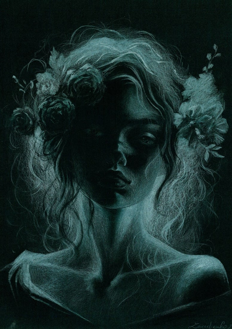 Polina Zarubenko (Ukraine,20/21C) acrylic painting: ARTIST: Polina Zarubenko (Ukrainian, 20/21 centuries) TITLE: Portrait of Woman MEDIUM: acrylic on heavy paper CONDITION: Very good. ART SIZE: 12 x 8 inch