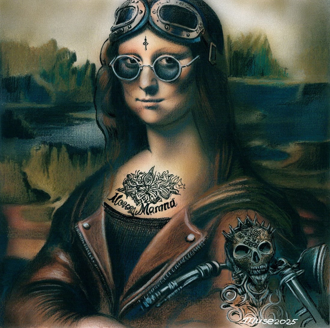 Olga Dolgikova (Ukraine,b 1967) acrylic painting: ARTIST: Olga Dolgikova (Ukrainian, born 1967) TITLE: Mona Lisa Biker MEDIUM: acrylic on heavy paper CONDITION: Very good. ART SIZE: 10 x 10 inches / 25 x