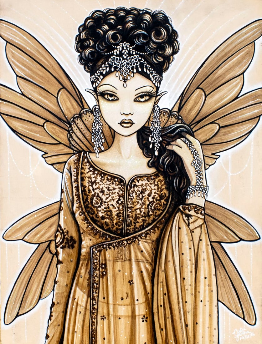 Myka Jelina (NC,b 1973) acrylic painting: ARTIST: Myka Jelina (North Carolina, born 1973) TITLE: Reina YEAR: 2016 MEDIUM: acrylic on board CONDITION: Very good. No visible inpaint under UV light.