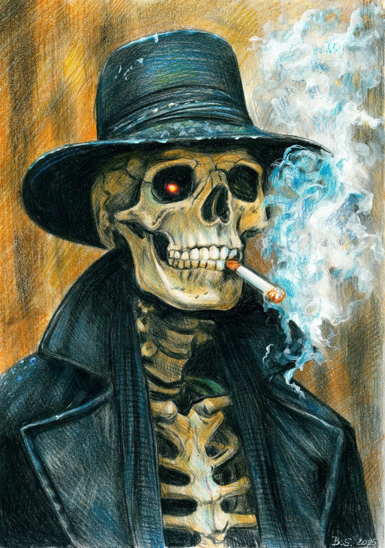 Svetlana Bedna (Ukraine,b 1982) colored pencil painting: ARTIST: Svetlana Bedna (Ukrainian, born 1982) TITLE: Smoking Skeleton MEDIUM: colored pencil on paper CONDITION: Very good. ART SIZE: 12 x 8 inches / 30