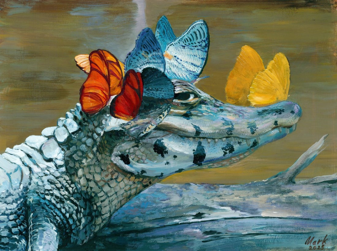 Mark Zybkin (Ukraine,20/21C) oil painting: ARTIST: Mark Zybkin (Ukrainian, 20/21 centuries) TITLE: Crocodile with Butterflies MEDIUM: oil on heavy paper CONDITION: Very good. No visible inpaint under UV light.