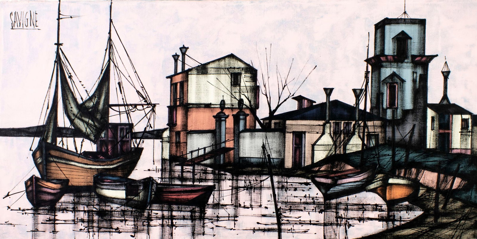D H Savigne (France,20C) oil painting: ARTIST: D H Savigne (French, 20 century) TITLE: Harbor Scene MEDIUM: oil on canvas CONDITION: Unstretched (In-House stretching available) (In-House stretching available). Ve