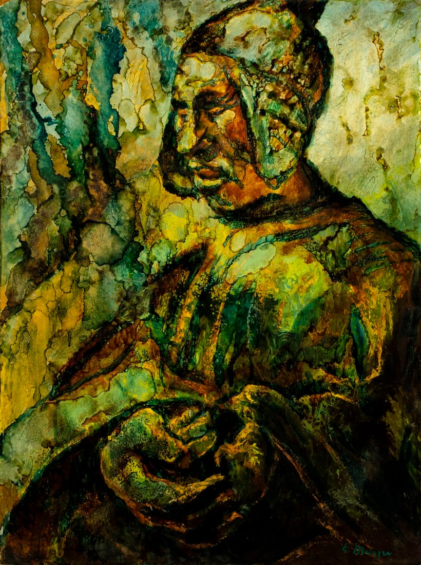 Evelyn Metzger (NY,Brazil,1911-2007) oil painting: ARTIST: Evelyn Borchard Metzger (New York, Brazilian, 1911 - 2007) TITLE: Portrait of Man MEDIUM: oil on board CONDITION: Some paint losses by the corners. No visible inpa