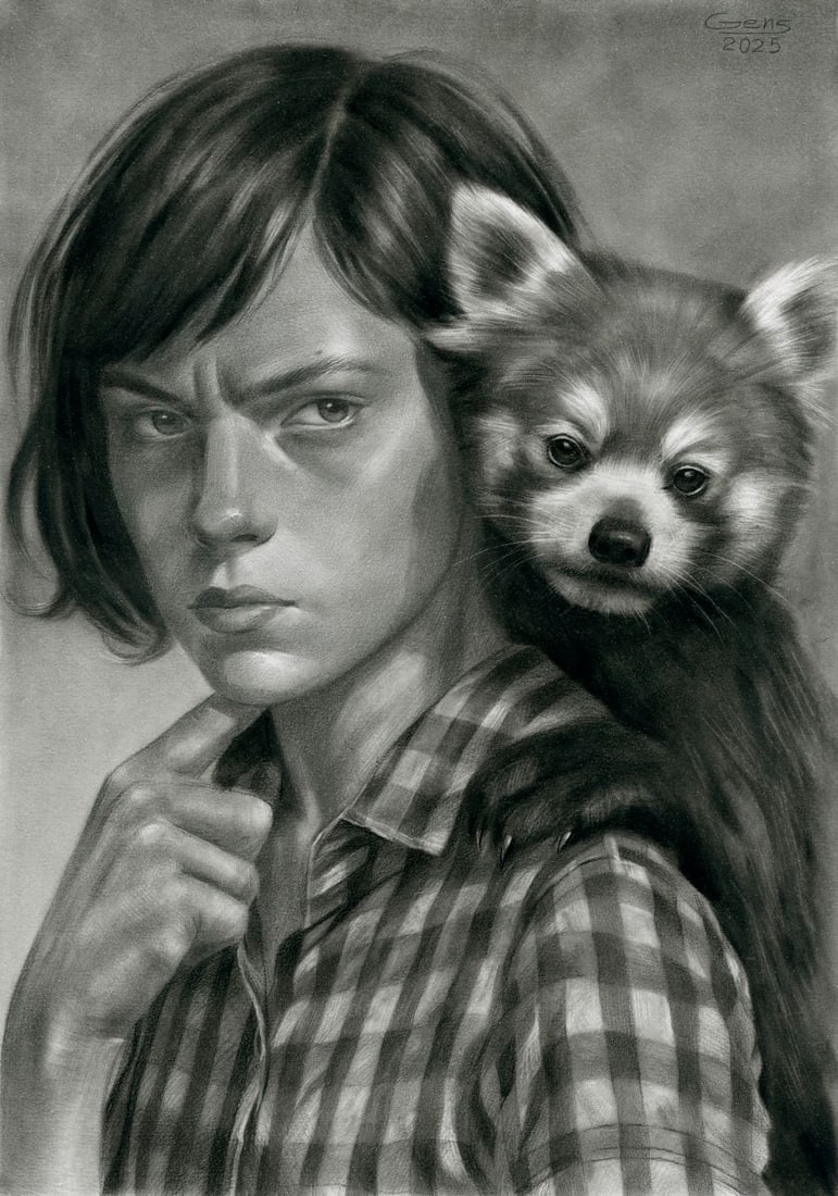 Viktoria Hensetska (Ukraine,20/21C) pastel painting: ARTIST: Viktoria Hensetska (Ukraine, 20/21 centuries) TITLE: Boy with Red Panda MEDIUM: pastel on heavy paper CONDITION: Very good. ART SIZE: 17 x 12 in