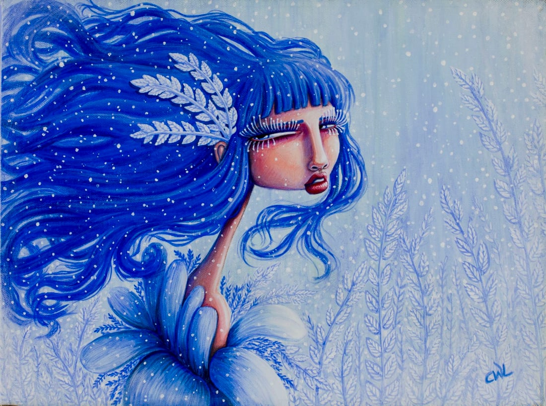 Crystal Wall Lancaster (Canada,20/21C) acrylic painting: ARTIST: Crystal Wall Lancaster (Canadian, 20/21 centuries) TITLE: Winters Fern YEAR: 2009 MEDIUM: acrylic on canvas CONDITION: Very good. No visible inpa