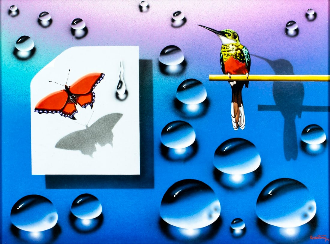 Quintana (20C) acrylic painting: ARTIST: Quintana (20 century) TITLE: Colibri Bird and Butterfly YEAR: 1997 MEDIUM: acrylic on canvas CONDITION: Few minor paint losses. No visible inpain