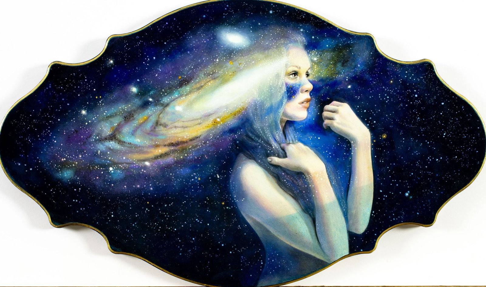 Jel Ena (Serbia,CA,20/21C) acrylic painting: ARTIST: Jel Ena (Serbian, California, 20/21 centuries) TITLE: Andromeda (titled on verso) YEAR: 2015 MEDIUM: acrylic on board CONDITION: Very good. No vi