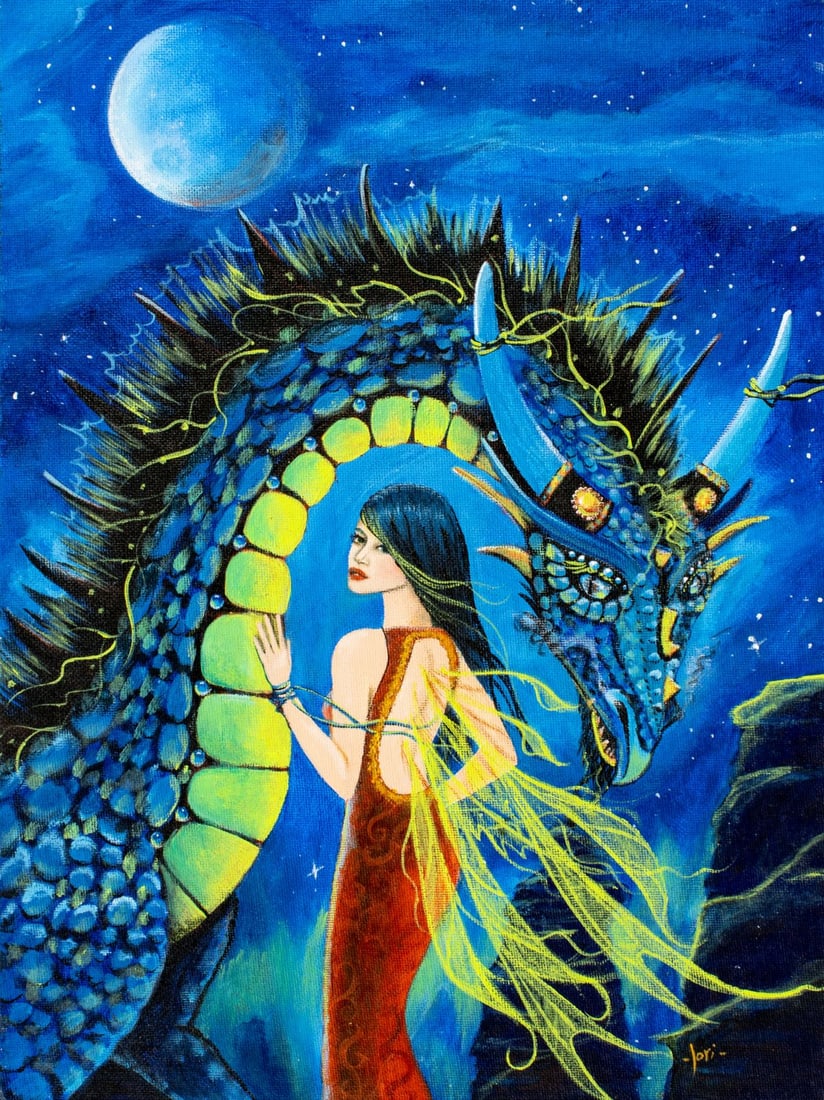 Lori Karels (MN,b 1960) oil painting: ARTIST: Lori Karels (Minnesota, born 1960) TITLE: Neon Dragon IV (titled on verso) YEAR: 2013 MEDIUM: oil on canvas board CONDITION: Minor damages to cor