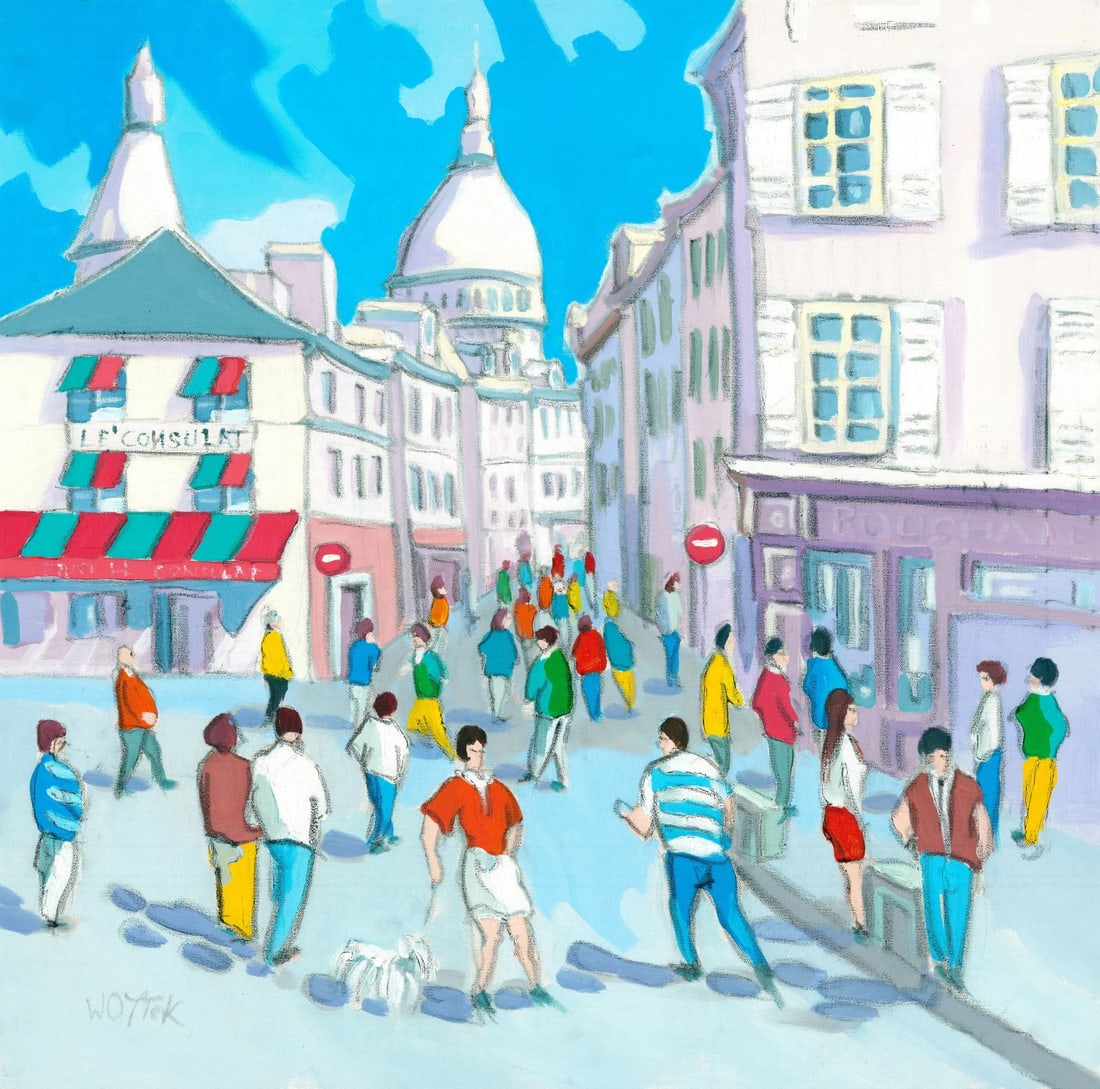 Woytek (Europe,20C) oil painting: ARTIST: Woytek (European, 20 century) TITLE: Cityscape MEDIUM: oil on canvas CONDITION: Unstretched (In-House stretching available). Very good. No visible inpaint under UV l