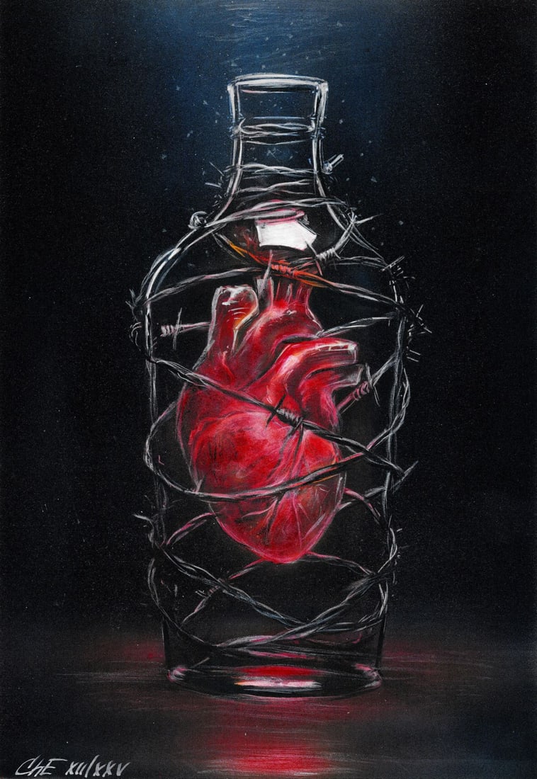 Evgeniy Chunikhin (Ukraine,b 1976) acrylic painting: ARTIST: Evgeniy Chunikhin (Ukrainian, born 1976) TITLE: Heart in Bottle MEDIUM: acrylic on heavy paper CONDITION: Very good. ART SIZE: 12 x 8 inches / 30