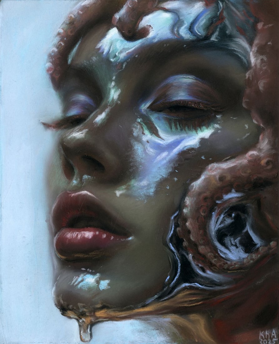 Elena Khafuz (Ukraine,b 1991) pastel painting: ARTIST: Elena Khafuz (Ukrainian, born 1991) TITLE: Portrait of Woman MEDIUM: pastel on paper CONDITION: Very good. ART SIZE: 11 x 9 inches / 27 x 22 cm