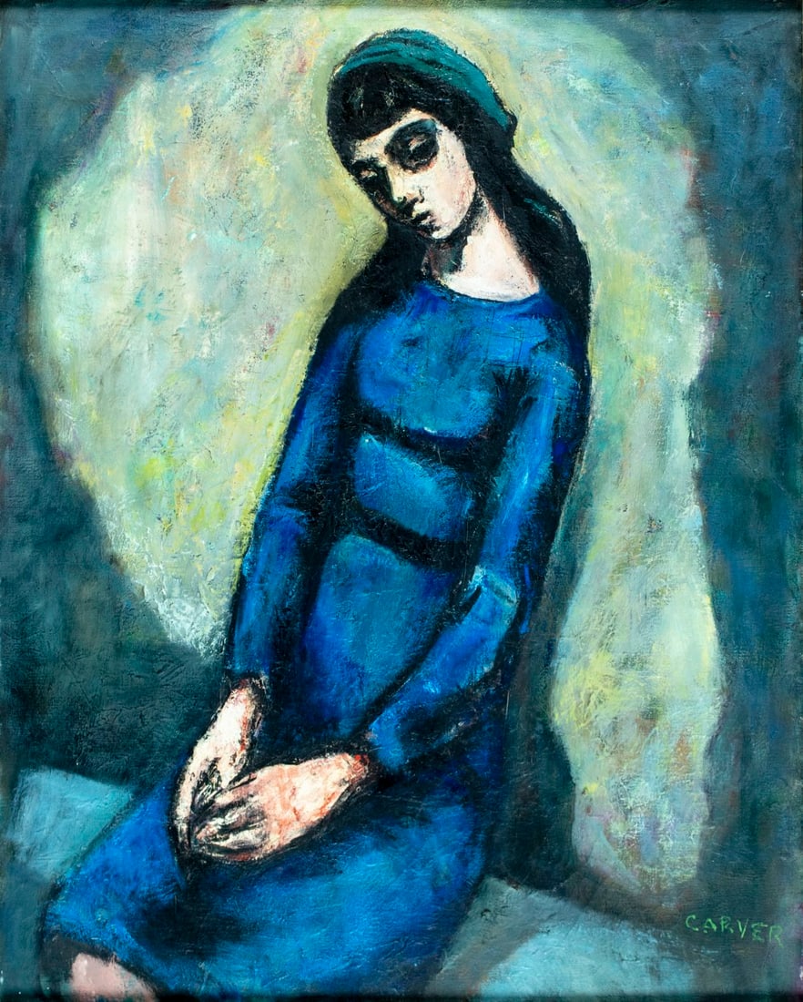 Carver (US,mid 20C) oil painting: ARTIST: Carver (American, mid 20 century) TITLE: Portrait of Woman in Blue Dress MEDIUM: oil on canvas CONDITION: Two patches. Some scratches/paint losses. Some craquelure.