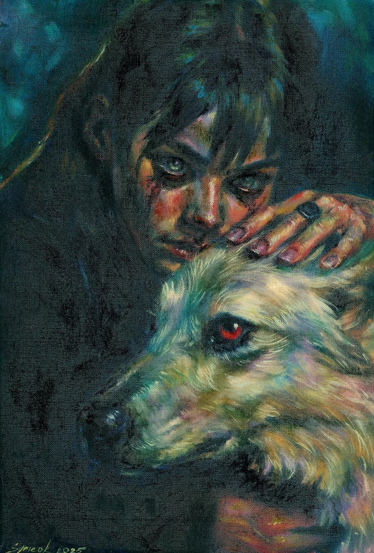 Tatiana Synieok (Ukraine,20/21C) oil painting: ARTIST: Tatiana Synieok (Ukrainian, 20/21 centuries) TITLE: Woman with Wolf MEDIUM: oil on heavy paper CONDITION: Few small faint scratches. No visible inpaint under UV ligh