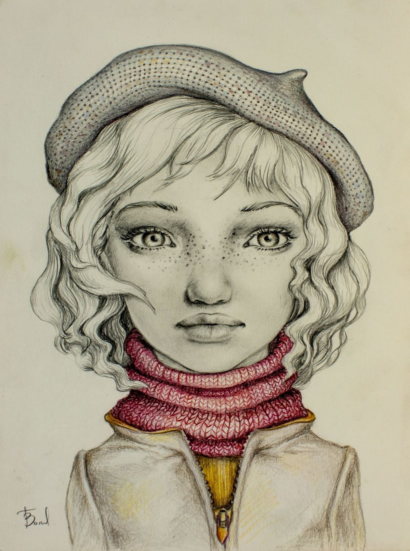Tanya Bond (Irish,20/21C) graphite painting: ARTIST: Tanya Bond (Ireland, 20/21 centuries) TITLE: Portrait of Girl MEDIUM: graphite on paper CONDITION: Few crease lines by the upper right corner. ART SIZE:<