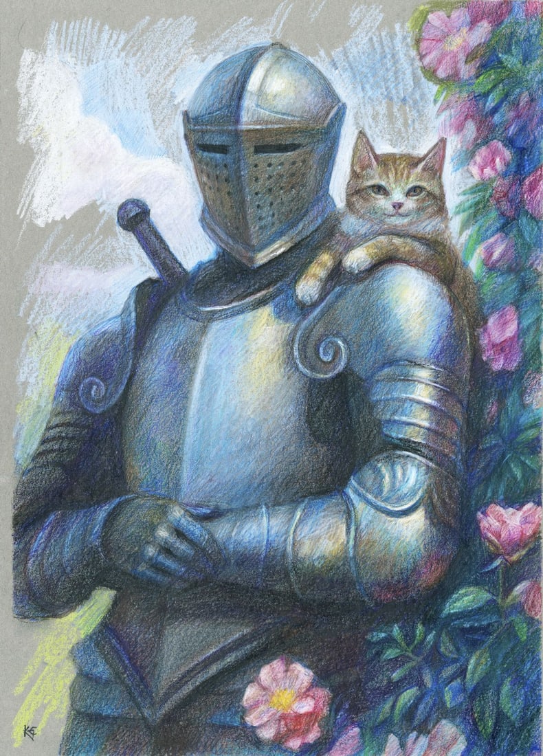 Katerina Grigorenko (Ukraine,b 1999) pastel painting: ARTIST: Katerina Grigorenko (Ukrainian, born 1999) TITLE: Knight with Cat MEDIUM: pastel on heavy paper CONDITION: Very good. ART SIZE: 12 x 8 inches / 3