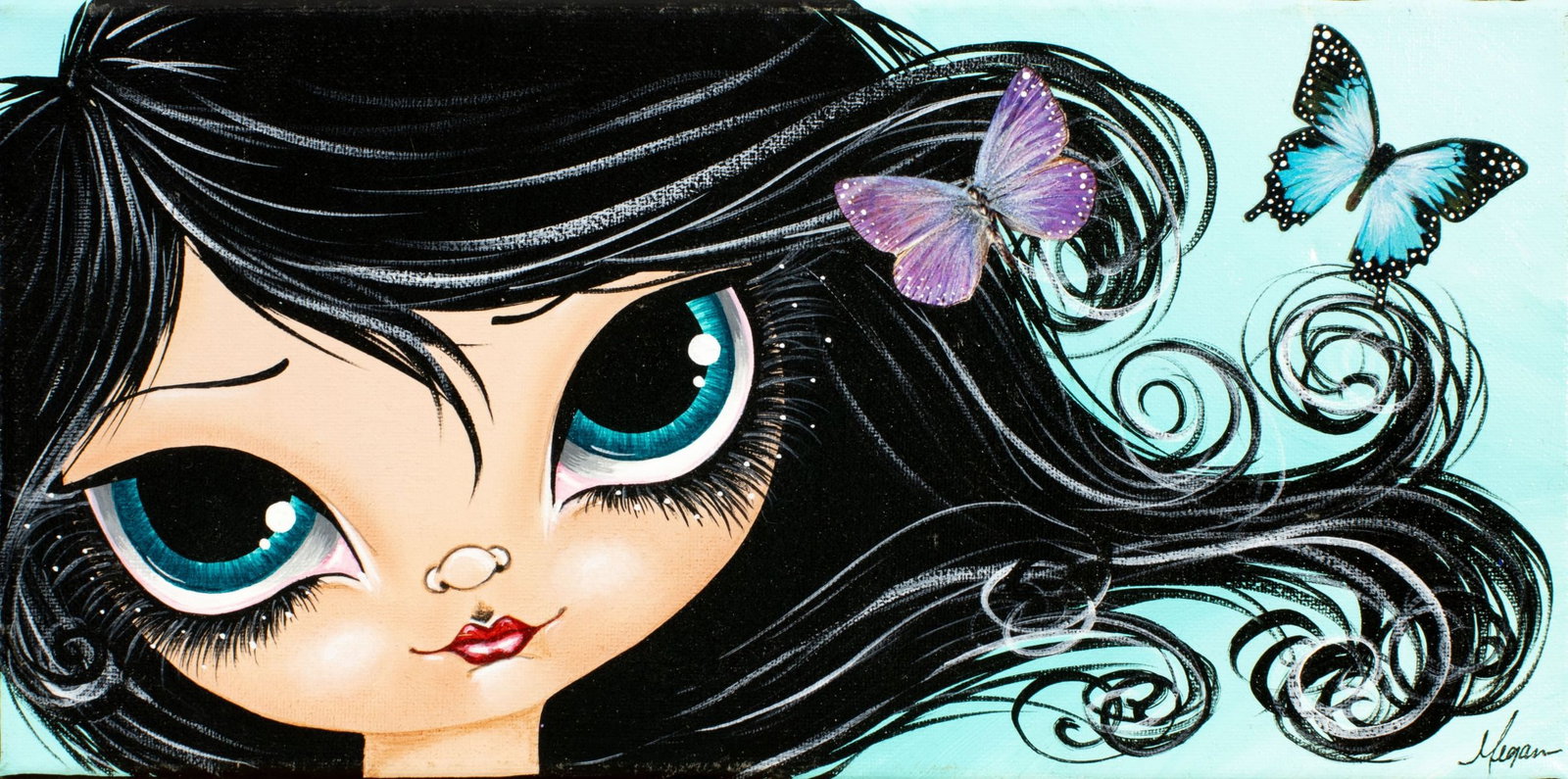 Megan Suarez (OR,20/21C) acrylic painting: ARTIST: Megan Suarez (Oregon, 20/21 centuries) TITLE: Girl with Butterflies MEDIUM: acrylic on canvas CONDITION: Overall good. No visible inpaint under UV light.