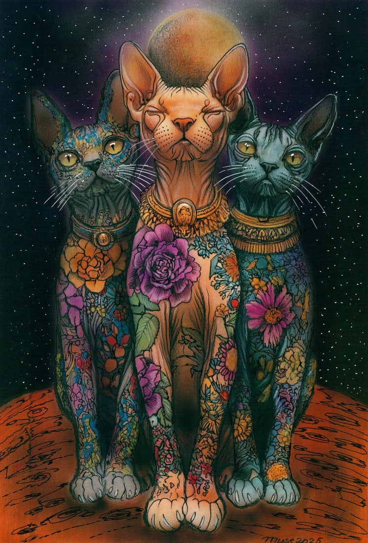 Olga Dolgikova (Ukraine,b 1967) acrylic painting: ARTIST: Olga Dolgikova (Ukrainian, born 1967) TITLE: Three Sphynx Cats MEDIUM: acrylic on heavy paper CONDITION: Very good. ART SIZE: 17 x 12 inches / 43