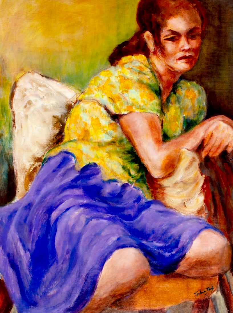 Thelma Thal (NY,1903-2001) oil painting: ARTIST: Thelma Thal (New York, 1903 - 2001) TITLE: Woman on Chair MEDIUM: oil on canvas CONDITION: Small scratches/paint losses mostly along edges. No visible inpaint under