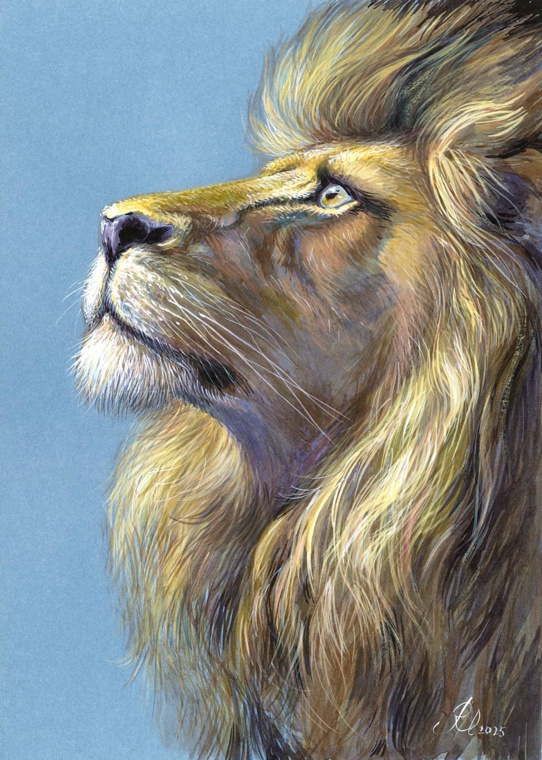 Lyudmila Rudenko (Ukraine,20/21C) mixed media painting: ARTIST: Lyudmila Rudenko (Ukraine, 20/21 centuries) TITLE: Lion MEDIUM: mixed media on heavy paper CONDITION: Very good. ART SIZE: 12 x 8 inches / 30 x 2