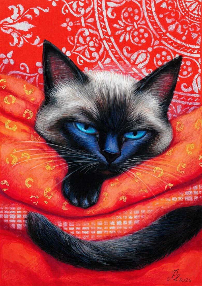 Lyudmila Rudenko (Ukraine,20/21C) mixed media painting: ARTIST: Lyudmila Rudenko (Ukrainian, 20/21 centuries) TITLE: Cat MEDIUM: mixed media on heavy paper CONDITION: Very good. ART SIZE: 12 x 8 inches / 30 x