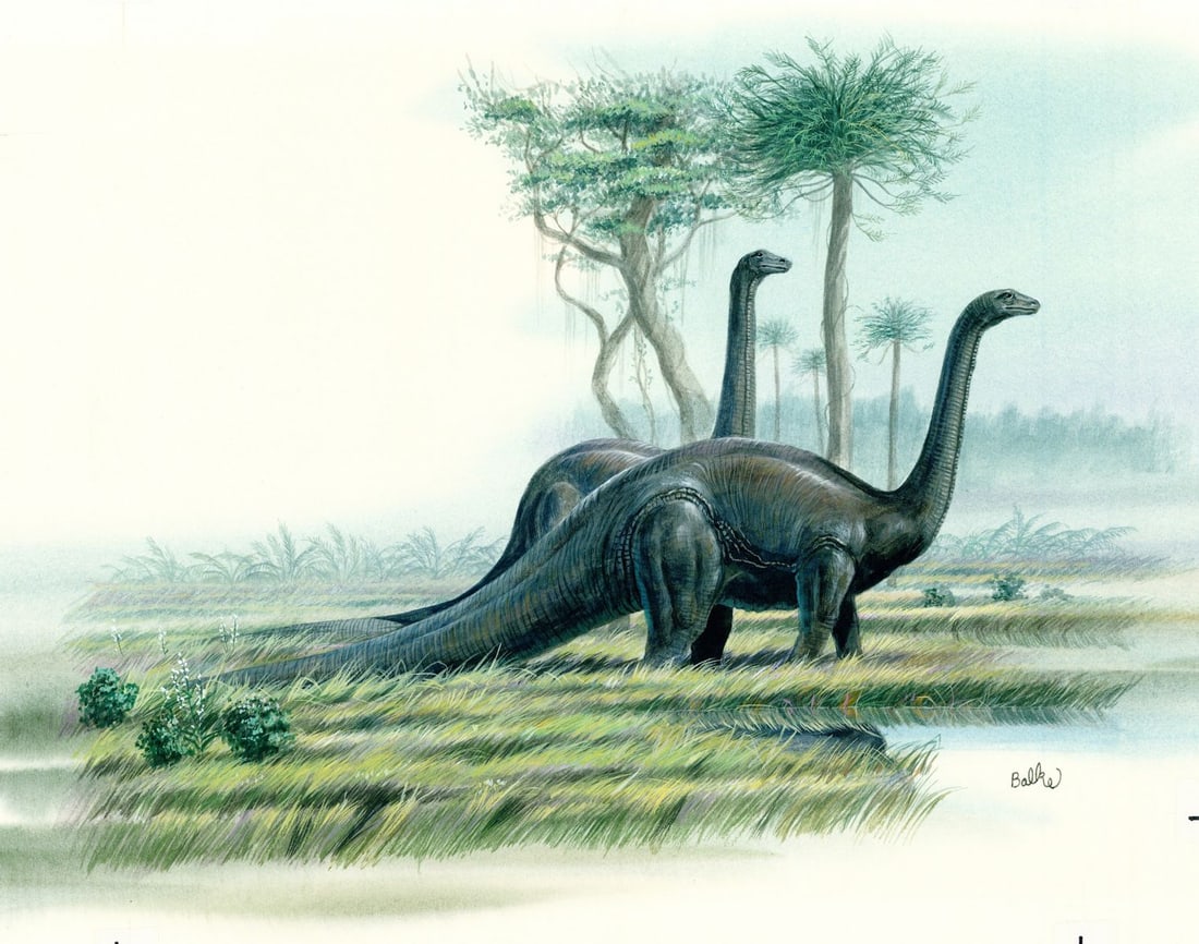 Don Balke (NC,1933-?) gouache painting: ARTIST: Don Balke (North Carolina, 1933 - ???) TITLE: Dinosaur - Brontosaurus YEAR: 1989 MEDIUM: gouache on board CONDITION: Minor damages to corners.