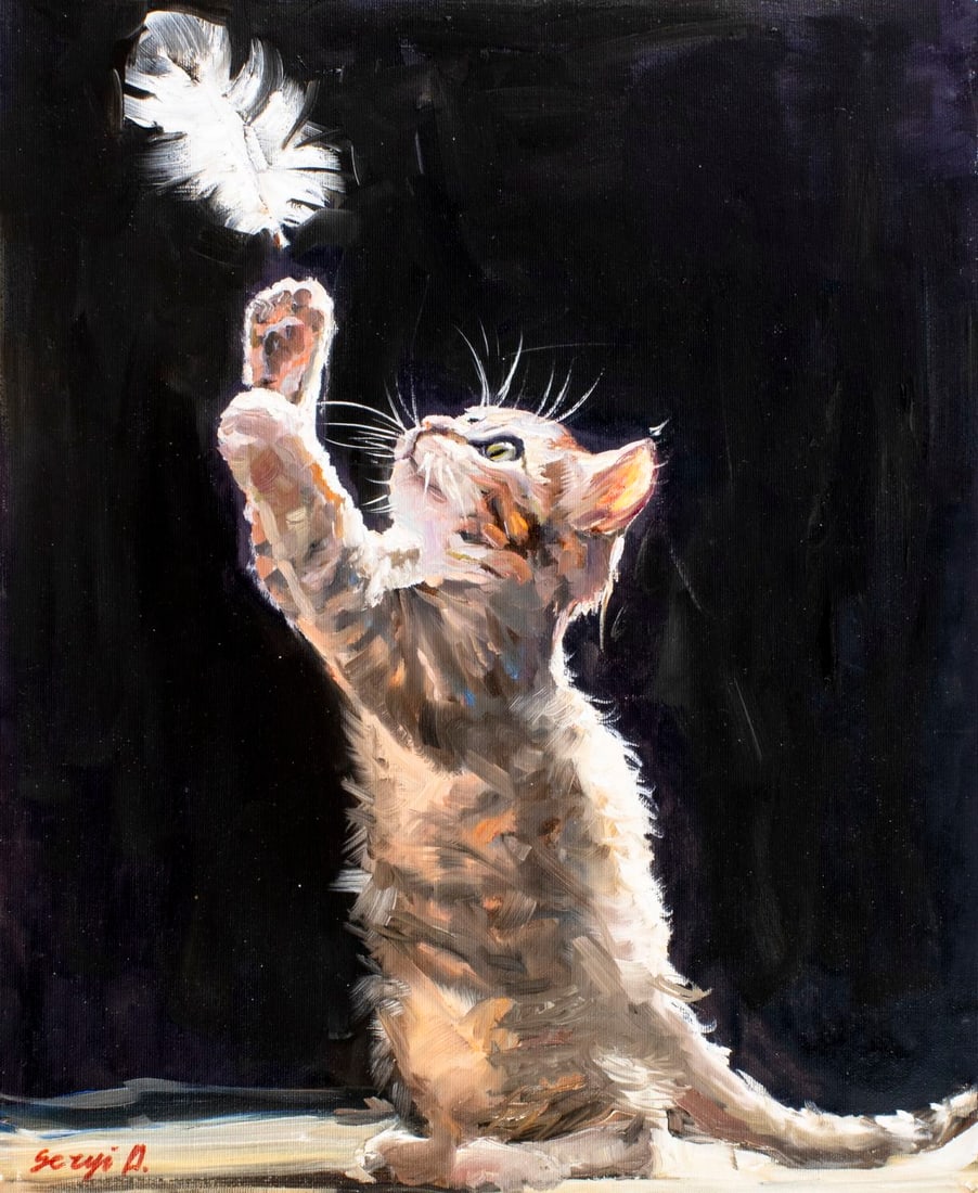 Alex Siryi (Ukraine,b 1997) oil painting: ARTIST: Alex Siryi (Ukrainian, born 1997) TITLE: Kitten MEDIUM: oil on canvas CONDITION: Unstretched (In-House stretching available). Very good. No visible inpaint under UV