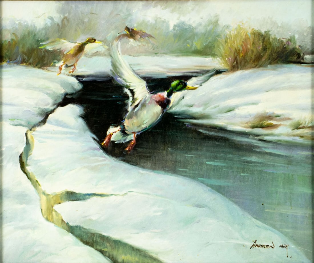 Andrew Hay (US,20C) oil painting: ARTIST: Andrew Hay (American, 20 century) TITLE: Flying Ducks MEDIUM: oil on canvas CONDITION: One small scratch/paint loss by the lower edge. No visible inpaint under UV