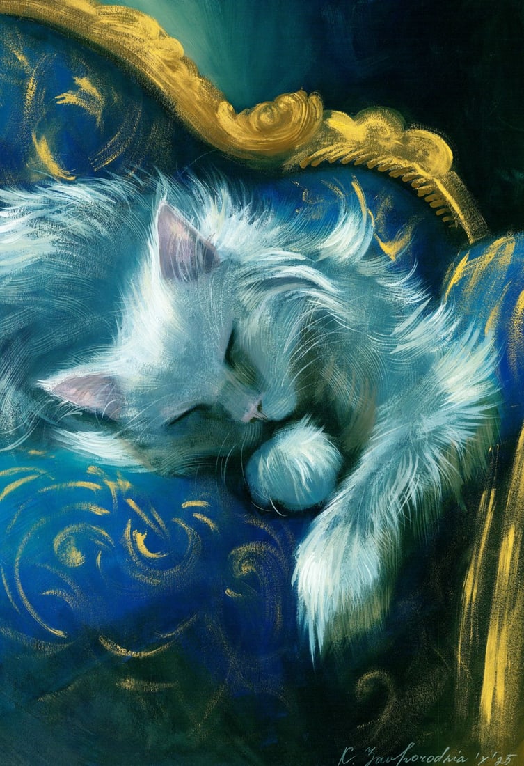 Katerina Zavgorodnya (Ukraine,20/21C) acrylic painting: ARTIST: Katerina Zavgorodnya (Ukrainian, 20/21 centuries) TITLE: Sleeping White Cat MEDIUM: acrylic on heavy paper CONDITION: Minor damage to the lower left corner. No visib