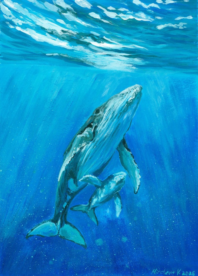 Valeria Mircheva (Ukraine,20/21C) acrylic painting: ARTIST: Valeria Mircheva (Ukrainian, 20/21 centuries) TITLE: Whales MEDIUM: acrylic on heavy paper CONDITION: Very good. ART SIZE: 12 x 8 inches / 30 x 2