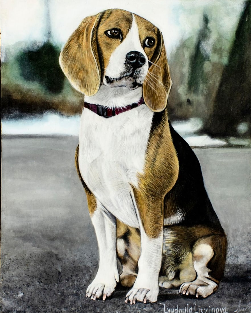 Lyudmila Litvinova (Russia,b 1991) acrylic painting: ARTIST: Lyudmila Litvinova (Russian, born 1991) TITLE: Beagle Dog MEDIUM: acrylic on canvas CONDITION: Unstretched (In-House stretching available). Few minor paint losses a