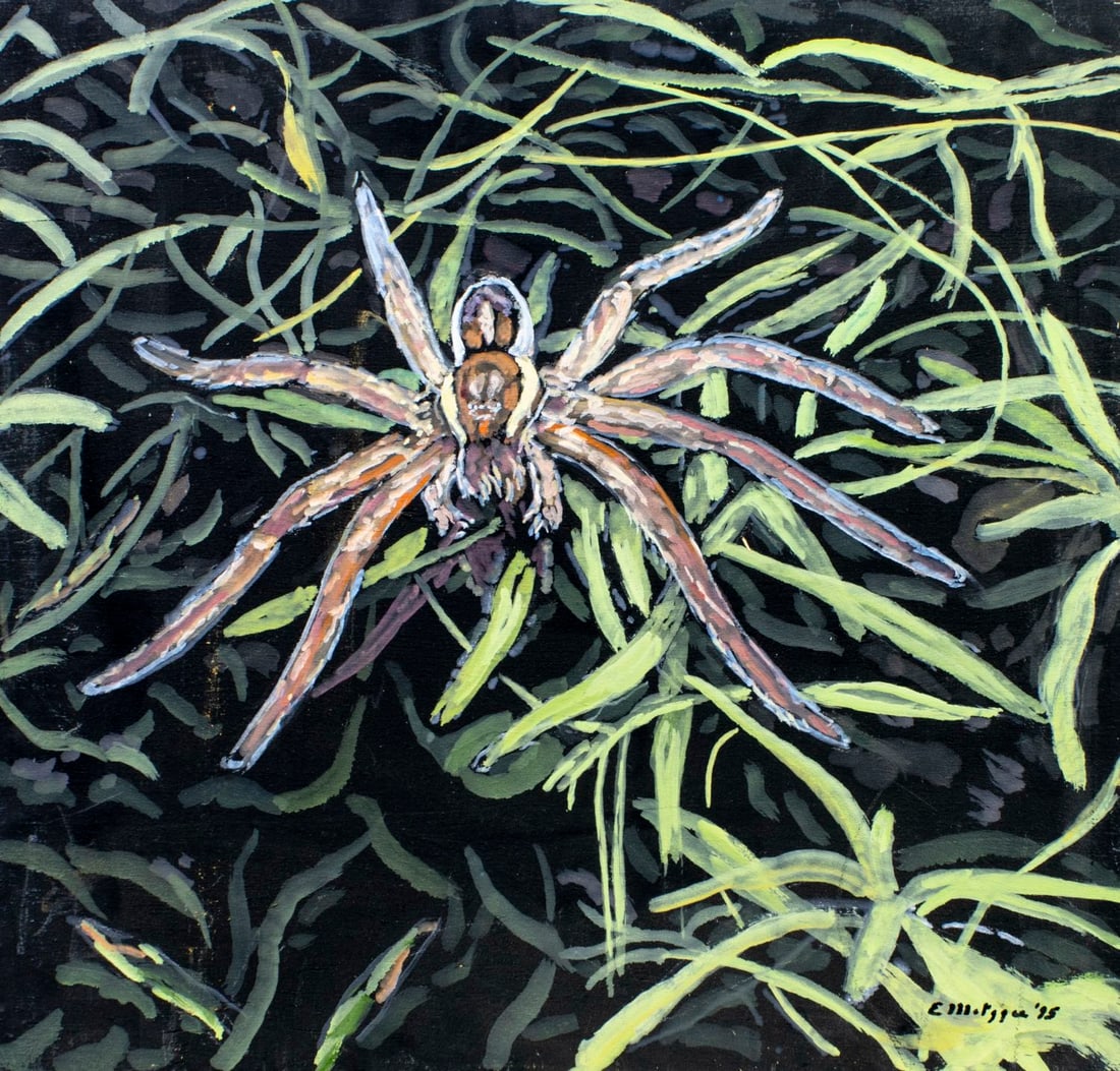 Evelyn Metzger (NY,Brazil,1911-2007) oil painting: ARTIST: Evelyn Borchard Metzger (New York, Brazilian, 1911 - 2007) TITLE: Raft Spider (titled on verso) YEAR: 1995 MEDIUM: oil on board CONDITION: Some s