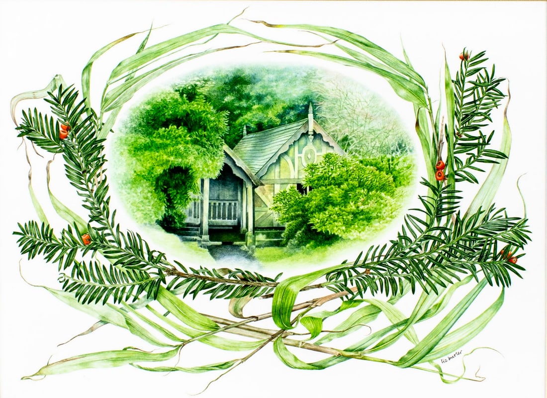 Liz Butler (UK,b 1948) watercolor painting: ARTIST: Liz Butler (United Kingdom, born 1948) TITLE: 19th century Garden - Biddulph Grange (titled on verso) YEAR: 1983 MEDIUM: watercolor on heavy paper CONDITI