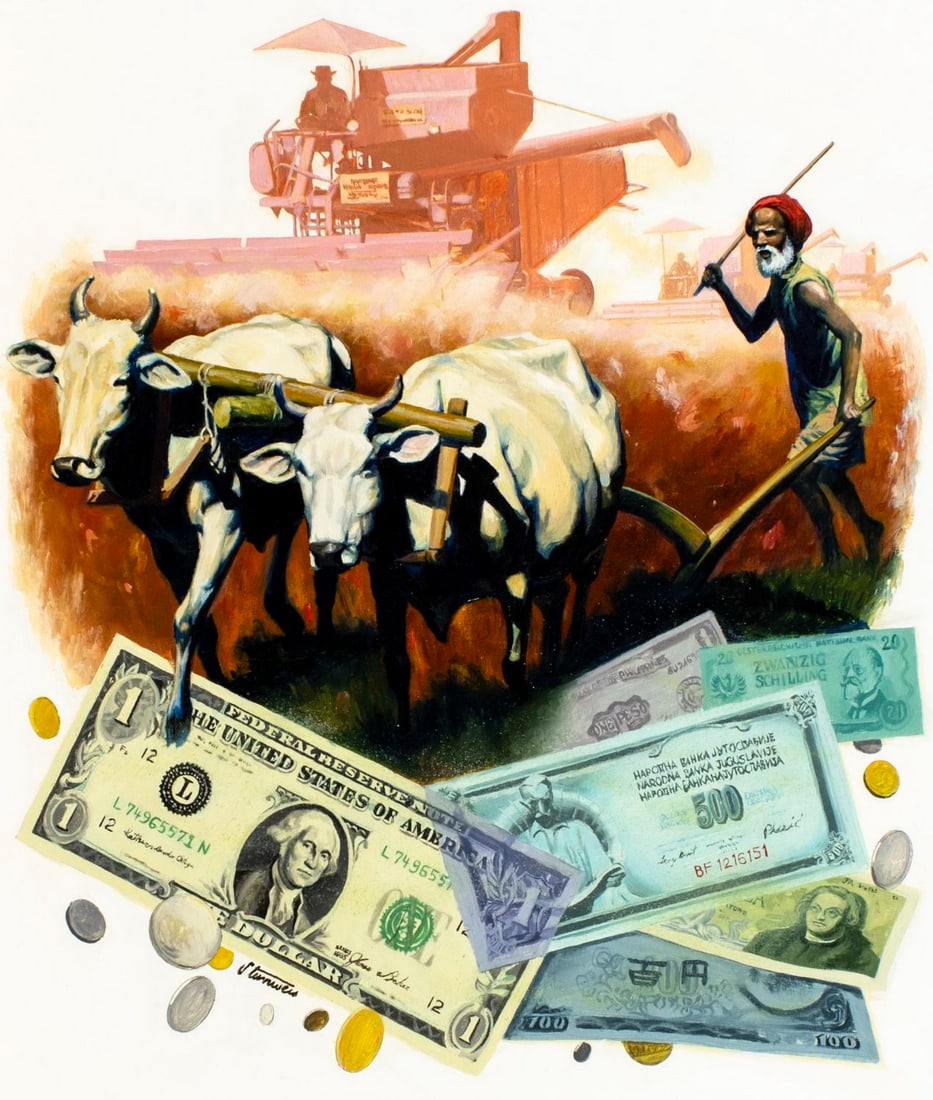 Shannon Stirnweis (AZ,NY,NH,OR,1931-2019) oil painting: ARTIST: Shannon Stirnweis (Arizona, New York, New Hampshire, Oregon, 1931 - 2019) TITLE: World Bank YEAR: 1988 MEDIUM: oil on board CONDITION: Minor da