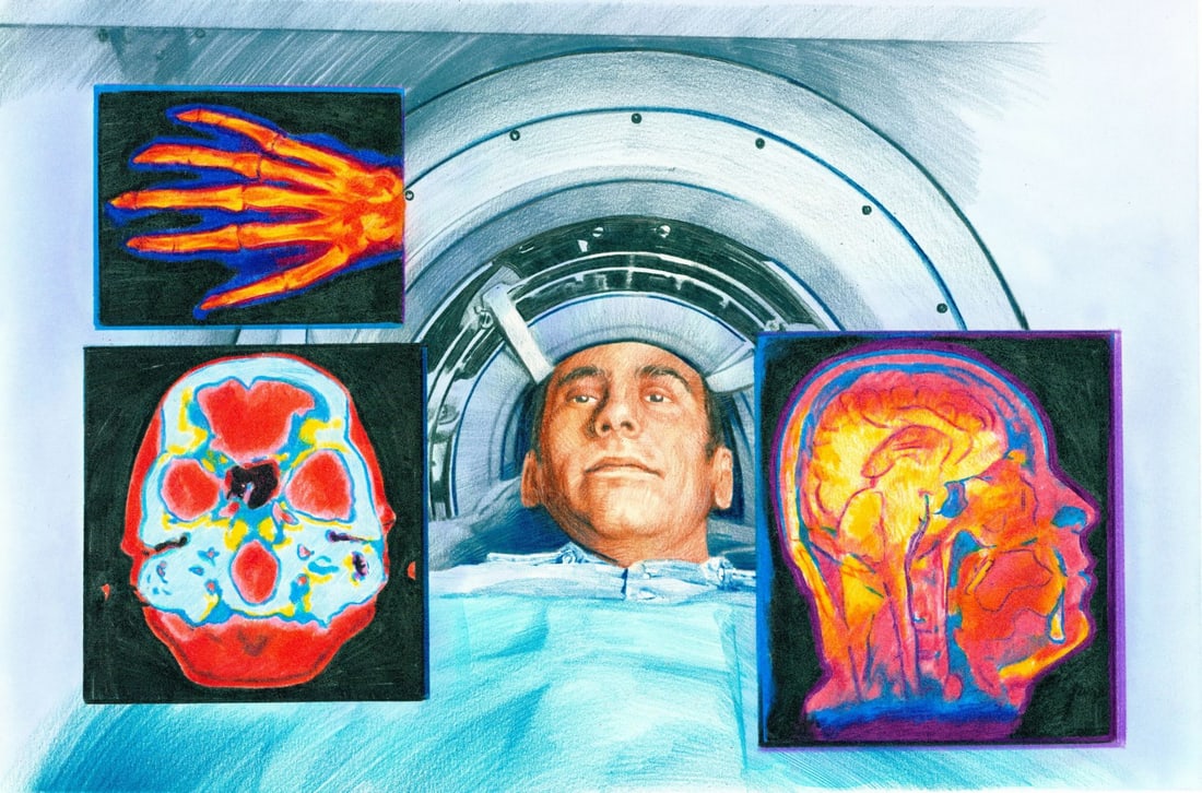 Paul Calle (CT,NY,1928-2010) colored pencil painting: ARTIST: Paul Calle (Connecticut, New York, 1928 - 2010) & Chris Calle (Connecticut, born 1961) TITLE: 1970s - Diagnostic Tools Revolutionize Medicine (titled on verso) YEAR: 1999 MED