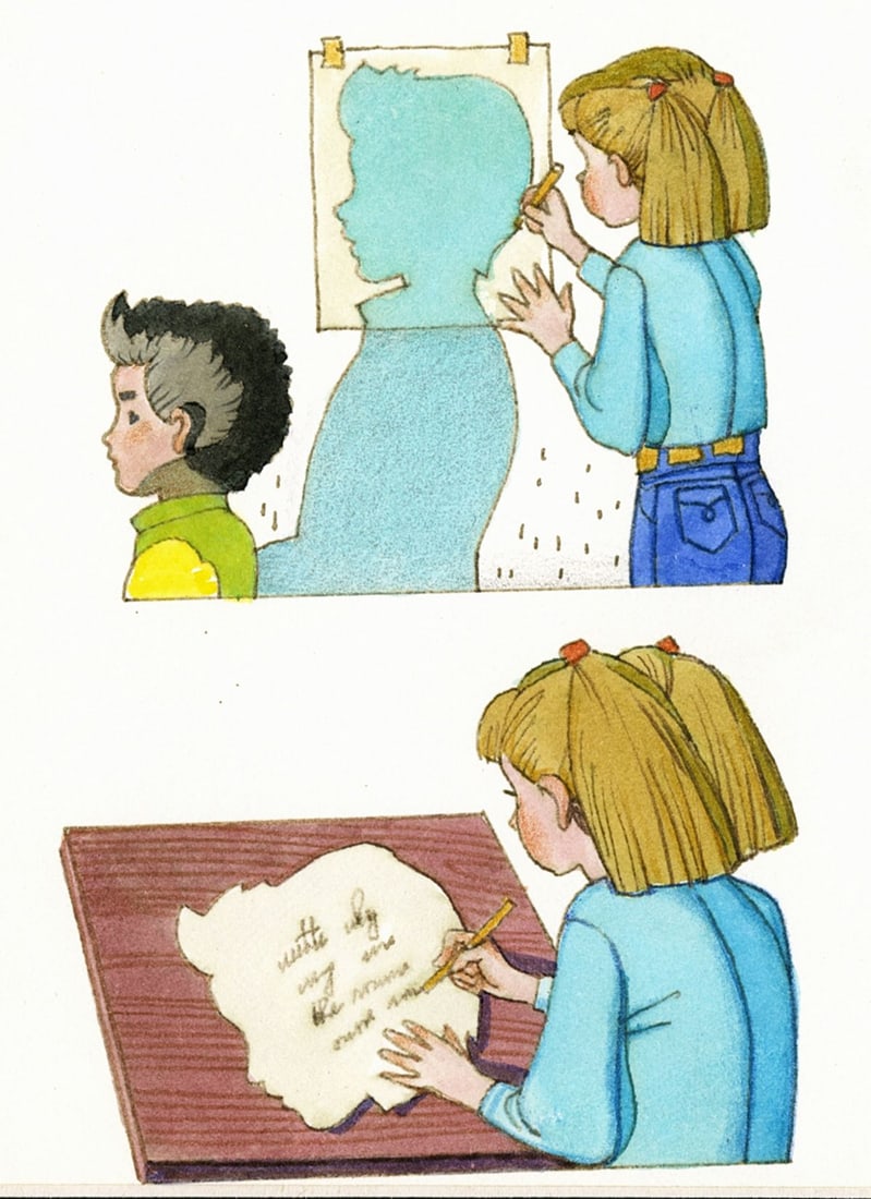 Alex Bloch (US,20C) watercolor painting: ARTIST: Alex Bloch (American, 20 century) TITLE: Girl Drawing MEDIUM: watercolor on heavy paper CONDITION: Minor age toning. ART SIZE: 4 x 3 inches / 10