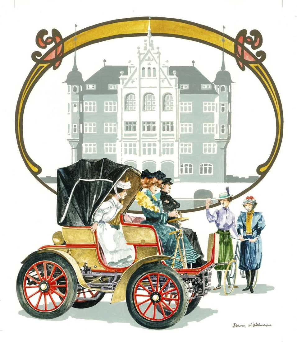 Barry Wilkinson (UK,1923-2007) gouache painting: ARTIST: Barry Wilkinson (United Kingdom, 1923 - 2007) TITLE: Switzerland N 1, The 1902 Weber Car (titled on verso) YEAR: 1984 MEDIUM: gouache on board CONDITION