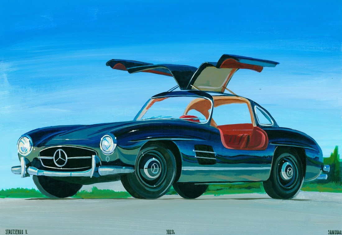 Volodymyr Strutsenko (Ukraine,20/21C) acrylic painting: ARTIST: Volodymyr Strutsenko (Ukrainian, 20/21 centuries) TITLE: Mercedes-Benz 300 SL Car MEDIUM: acrylic on heavy paper CONDITION: Minor damage to the upper right corner. F