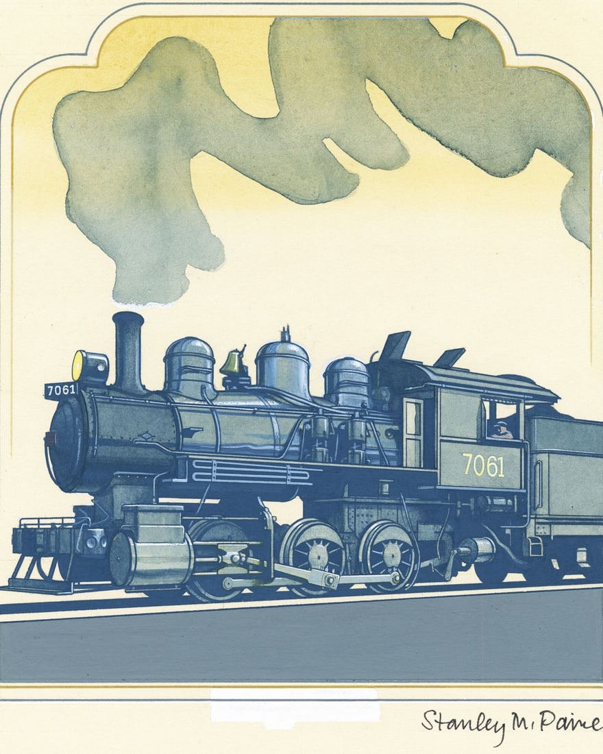 Stanley Paine (UK,1934-?) gouache painting: ARTIST: Stanley M Paine (United Kingdom, 1934 - ???) TITLE: Train Locomotives - CNR 0-10-A (titled on verso) YEAR: 1985 MEDIUM: gouache on board CONDITION: