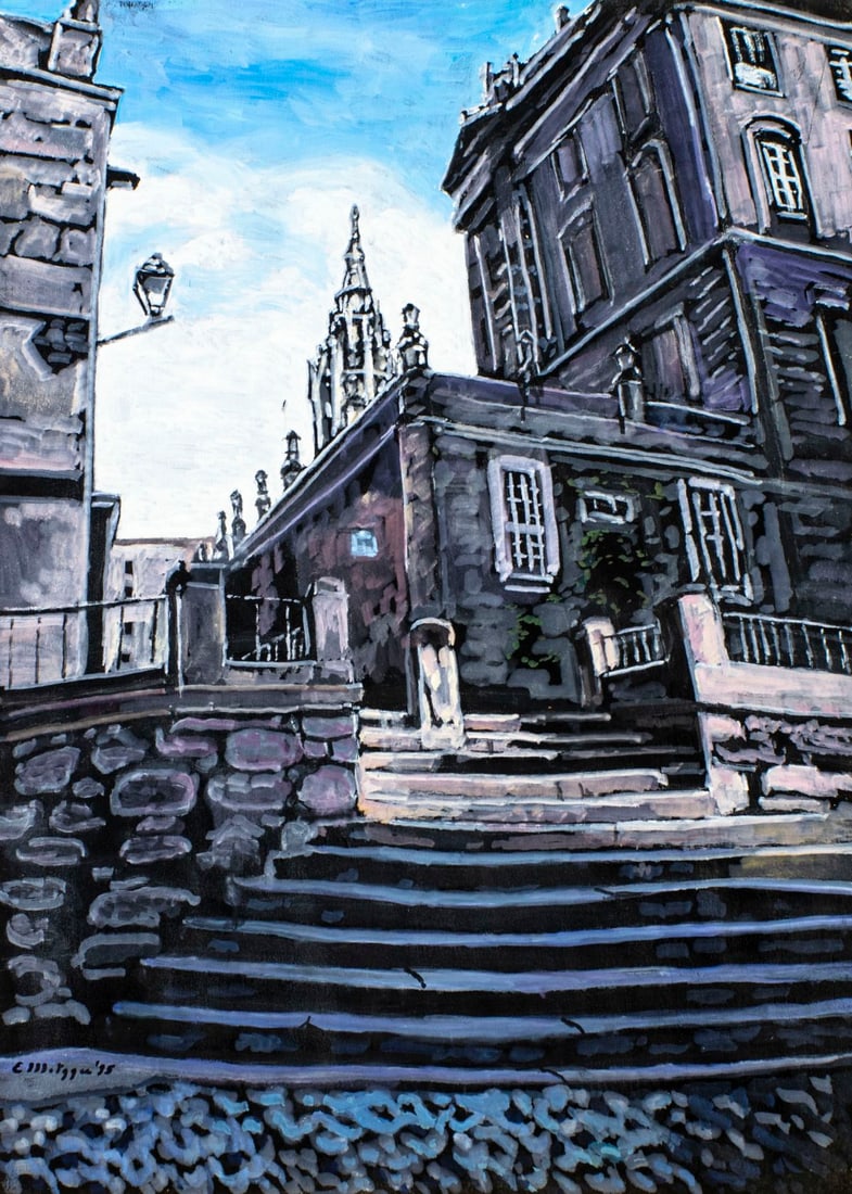 Evelyn Metzger (NY,Brazil,1911-2007) oil painting: ARTIST: Evelyn Borchard Metzger (New York, Brazilian, 1911 - 2007) TITLE: Santiago and Compostella, Spain (titled on verso) YEAR: 1995 MEDIUM: oil on board CONDIT