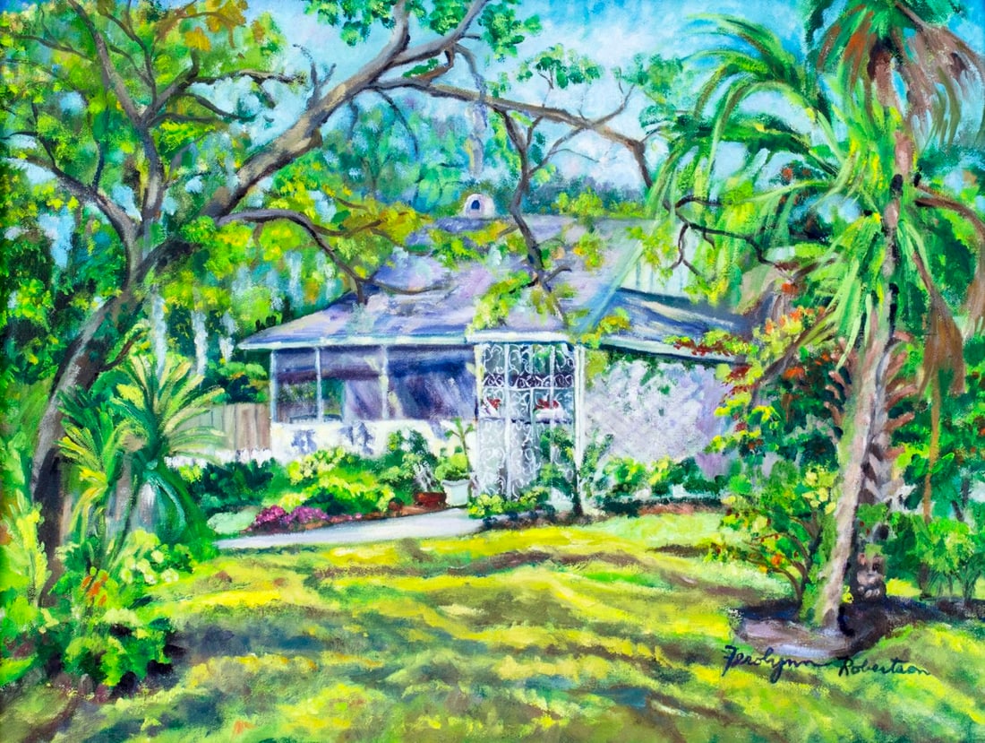 Ferolynn Robertson (FL,20C) oil painting: ARTIST: Ferolynn Robertson (Florida, 20 century) NAME: Landscape with Cottage MEDIUM: oil on canvas CONDITION: Very good. No visible inpaint under UV light. SIGHT SIZE: 18 x 24 inches /
