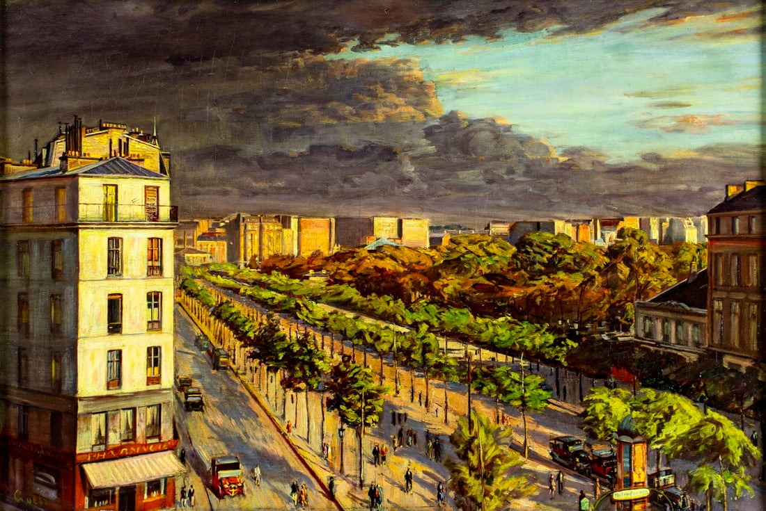 Antique early 20C French oil painting signed: ARTIST: - (France, early 20 century) TITLE: Cloudy Paris Cityscape MEDIUM: oil on canvas CONDITION: One small puncture by the upper edge. Few minor scratches. Some craquel