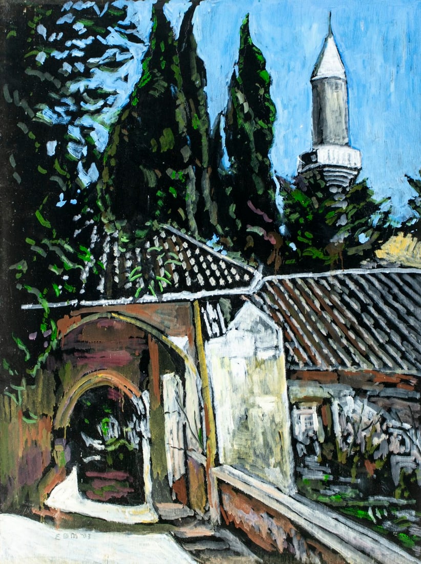 Evelyn Metzger (NY,Brazil,1911-2007) oil painting: ARTIST: Evelyn Borchard Metzger (New York, Brazilian, 1911 - 2007) TITLE: Cyprus (titled on verso) YEAR: 2003 MEDIUM: oil on board CONDITION: Few surfa