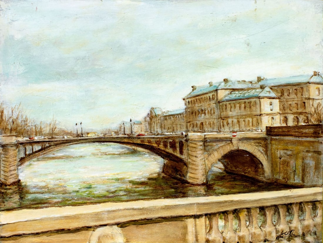 Vintage mid 20C French oil painting signed: ARTIST: - (France, mid 20 century) TITLE: Pont du Carrousel, Paris MEDIUM: oil on board CONDITION: Minor damages to edges. Some scratches/paint losses. No visible inpaint