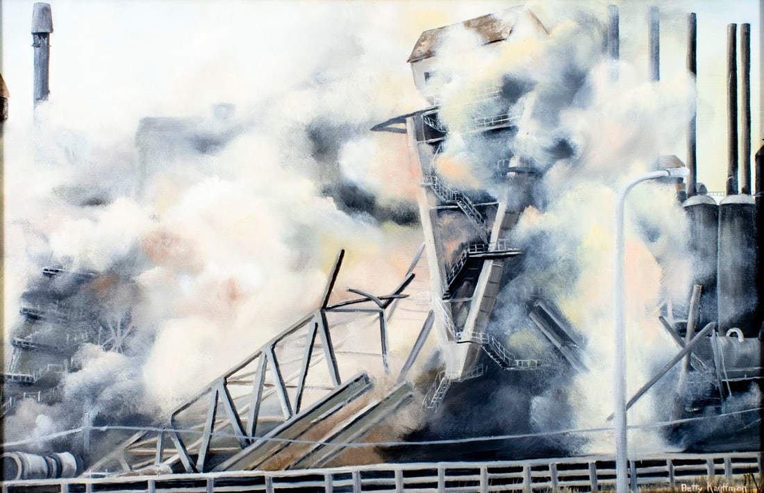 Betty Kauffman (US,20C) oil painting: ARTIST: Betty Kauffman (American, 20 century) TITLE: Industrial Cityscape MEDIUM: oil on canvas CONDITION: Very good. No visible inpaint under UV light. Wear to frame.