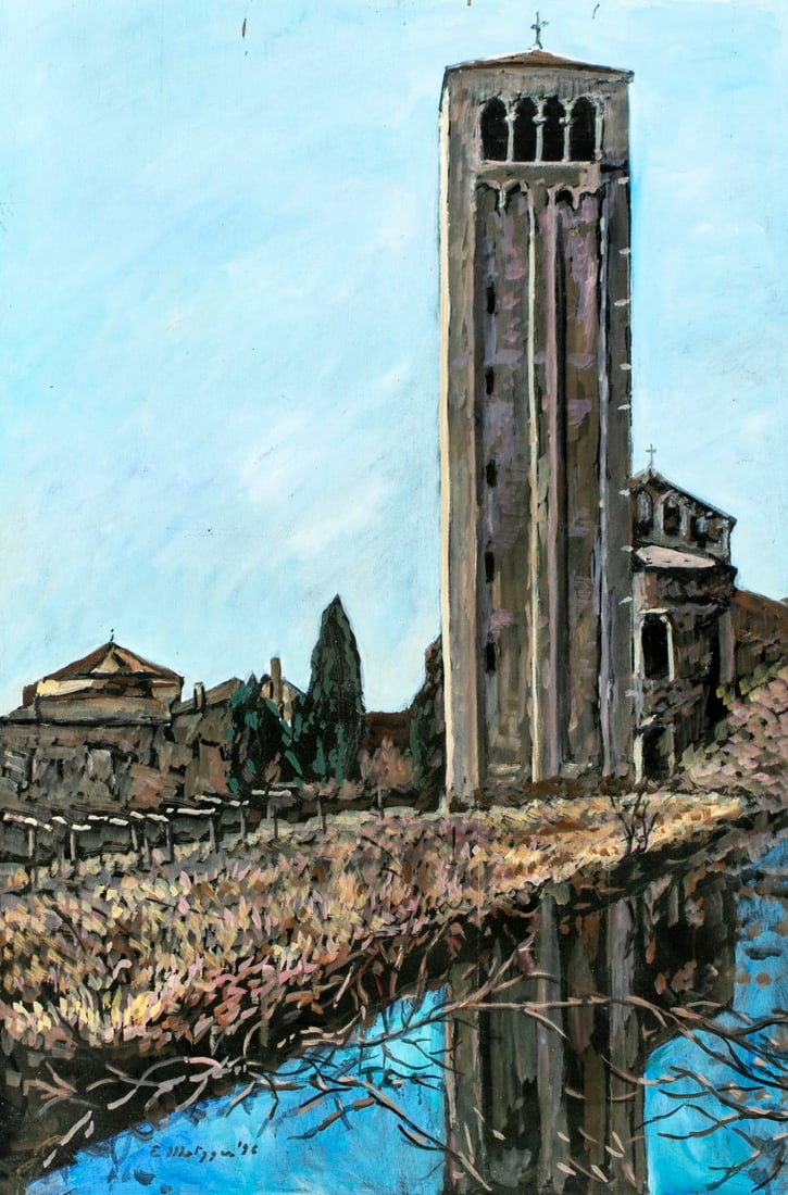 Evelyn Metzger (NY,Brazil,1911-2007) oil painting: ARTIST: Evelyn Borchard Metzger (New York, Brazilian, 1911 - 2007) TITLE: Campanile Torcello, Italy (titled on verso) YEAR: 1996 MEDIUM: oil on board CONDITION: