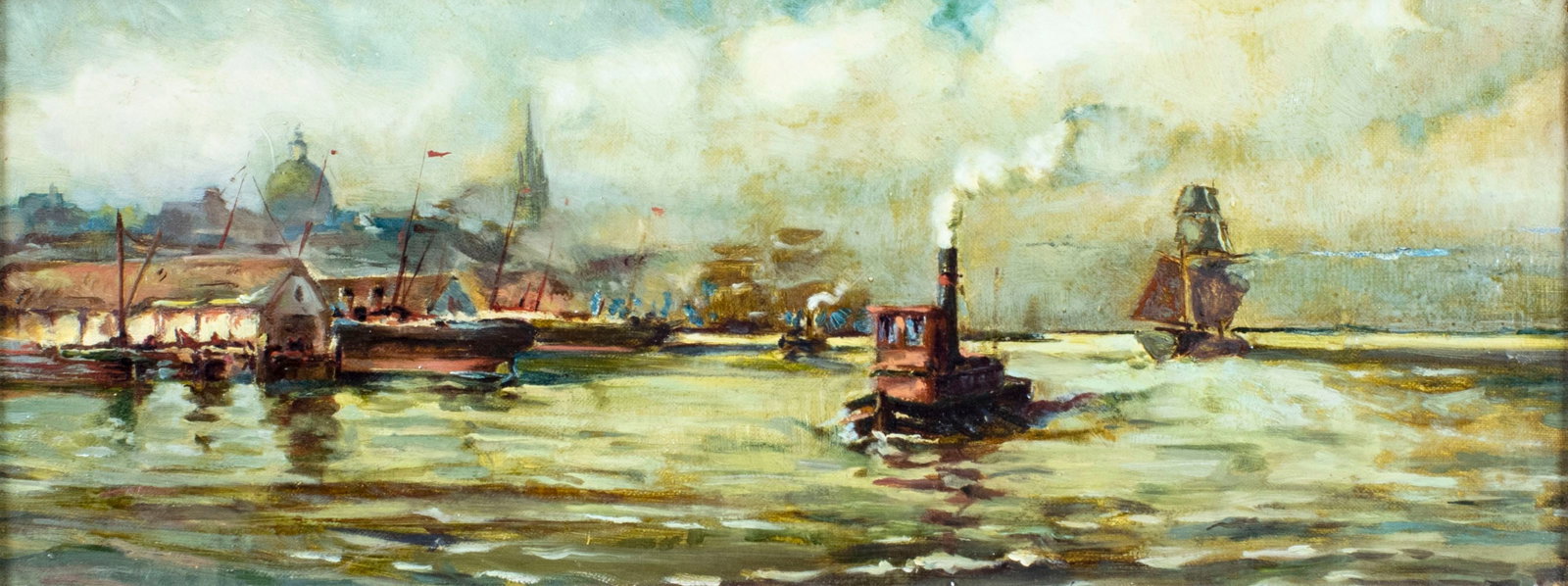 Antique 19C European oil painting: ARTIST: - (Europe, 19 century) TITLE: Harbor Scene MEDIUM: oil on canvas CONDITION: Two nail holes by the right edge. Minor paint losses. Minor craquelure. Some small scat